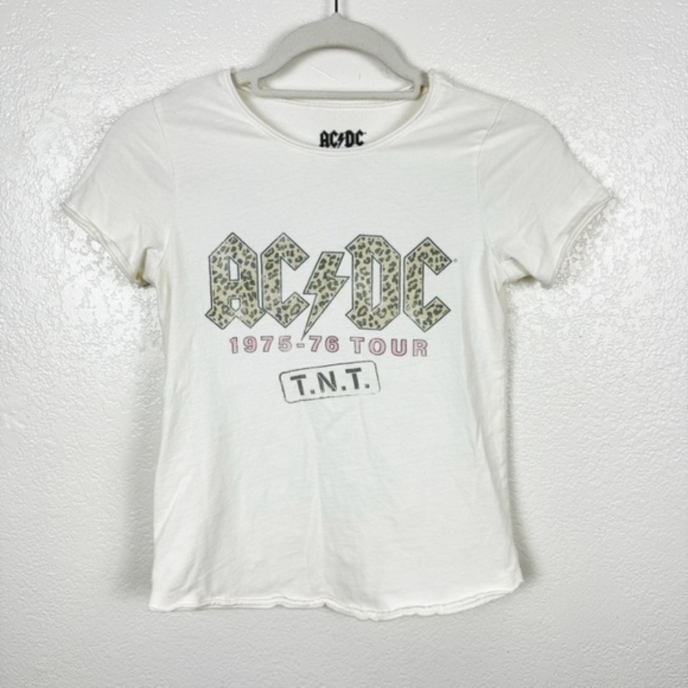 AC/DC Tour Graphic T-Shirt 100% Cotton Crewneck Cream Leopard Animal Size XS
